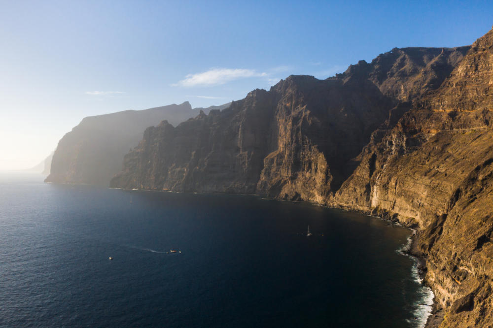 op view of the Giant Rocks of Acantilados de Los Gigantes at sunset, Tenerife, Canary Islands, Spain.